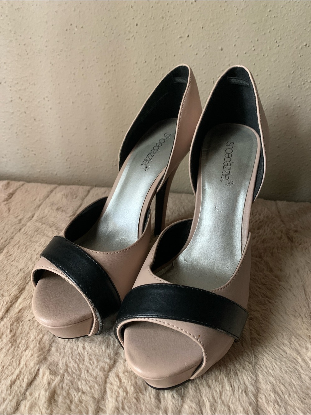 Shoe Dazzle Nude and Black Peep-Toe Stiletto Heels